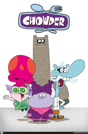 來自《Chowder》節目的四個卡通角色，站在一個有湯匙和叉子的標誌下。