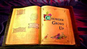 復古插圖食譜書打開到名為「Chowder Grows Up」的食譜，置於紫色天鵝絨上。