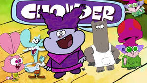 來自 Chowder 的一組色彩繽紛的卡通角色聚集在桌子周圍。