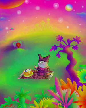 一個卡通外星生物在毯子上野餐，背景是超現實、色彩繽紛的風景。