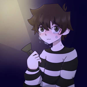 一個穿著條紋襯衫的哭泣動漫男孩在黑暗房間裡拿著手電筒。