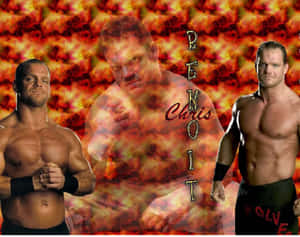 三位摔角手在帶有火焰紋理的圖形設計中，帶有 Chris Benoit 文字。