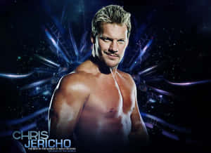 Chris Jericho 赤裸上身，身後有發光藍色能量和星星。 — 摔角 GIF 壁紙