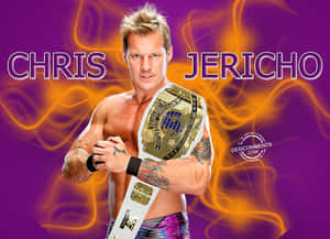 摔角手 Chris Jericho 在紫色背景上手持帶有發光橙色漩渦的冠軍腰帶。 — 摔角 GIF 壁紙