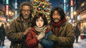 三個人緊靠在一起，在日本雪城市街道上，靠近聖誕樹。