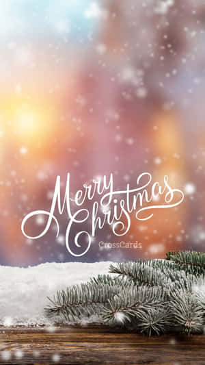 結霜的松樹枝在雪白的木頭上，帶有「Merry Christmas」文字，背景是溫暖的日落散景。