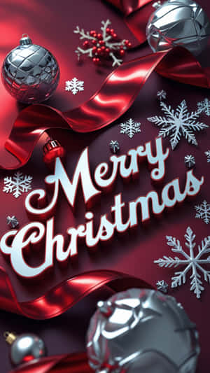 Merry Christmas文字被裝飾品、雪花和紅色絲帶包圍在紅色背景上