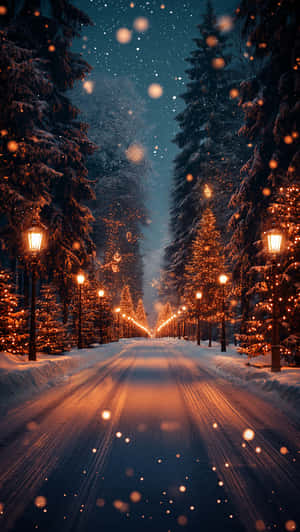 星空下，發光街燈和松樹排列的雪路