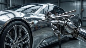 機械手在車庫中拋光一輛閃亮的銀色跑車。
