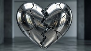 現代工業環境中的破碎鍍鉻心形雕塑 — 心碎 GIF 壁紙