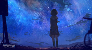 動漫女孩穿著校服站在星空下，背景有宇宙星雲。