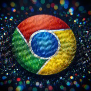 Google Chrome 瀏覽器標誌在像素化屏幕上發光，帶有彩色燈光