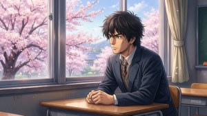 動漫男孩穿著校服坐在書桌前，望著窗外的櫻花。