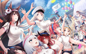 穿著水手服的動畫角色在晴朗的天空下用氣球和五彩紙屑慶祝。 — Steam Deck OLED 壁紙