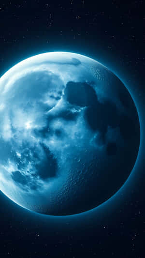 一顆藍色行星，在太空中被星星環繞，有雲層和隕石坑