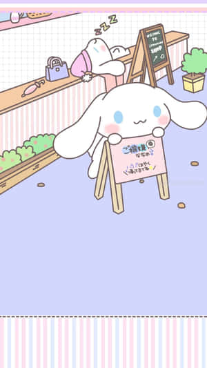 一隻卡通兔在粉彩色的商店裏拿着一個標牌，另一隻兔子在櫃檯後面睡覺。