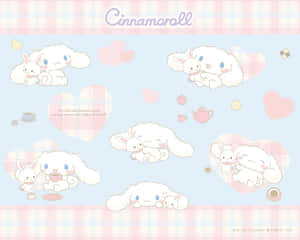 Cinnamoroll 和朋友們依偎在粉彩心形和格子邊框中。
