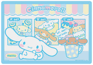 Cinnamoroll 卡通角色與粉彩色的甜點菜單套餐。