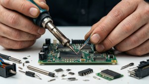 技術員在電路板上焊接元件，附近有工具和零件。