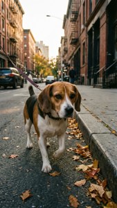 一隻比格犬被牽著繩子走在鋪滿秋天落葉的城市街道上。