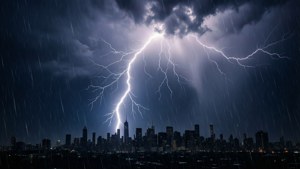 夜晚暴雨中，閃電擊中城市。