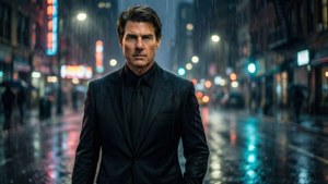 穿著黑色西裝的男人在雨夜的城市街道上站立，霓虹燈光反射在濕漉漉的人行道上