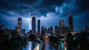 暴風雨下的城市天際線，閃電和濕漉漉的道路反射燈光