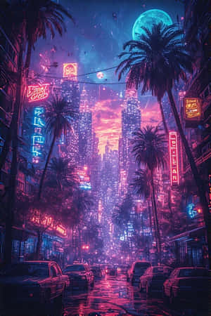 大雨中的 cyberpunk 街道，有霓虹招牌、棕櫚樹和巨大月亮下的發光城市景觀