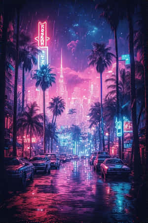 霓虹燈照亮夜晚的城市街道，棕櫚樹和濕路面反射出繽紛燈光。