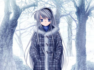 穿著冬季外套的動漫女孩站在白雪覆蓋的樹木之間。