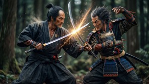 兩名武士在森林中交鋒，刀劍碰撞，火花四濺。