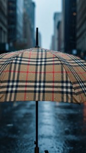 一把帶有雨滴的格子雨傘在潮濕的城市街道上。