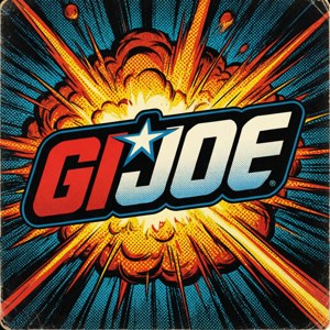 GI JOE 標誌居中於漫畫風格的爆炸中，顏色為紅、藍、黃