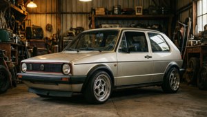 銀色經典福士Golf Mk1配備定制合金輪圈，停放在雜亂的車庫中。