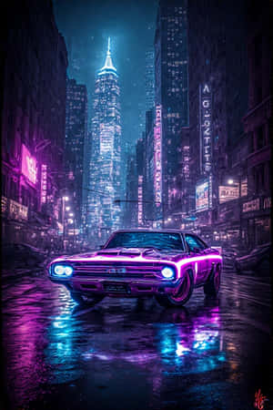 夜晚潮濕霓虹燈街道上的紫色肌肉車，背景有摩天大樓