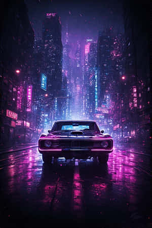 未來城市夜晚潮濕霓虹街上的經典肌肉車