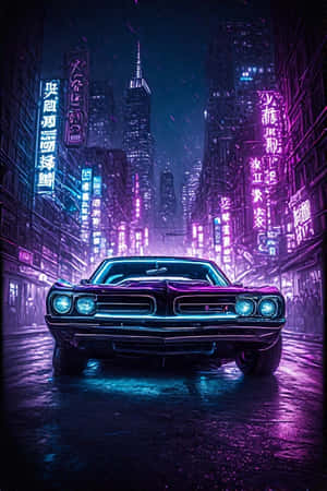 經典肌肉車在濕滑的霓虹燈城市街道上夜晚