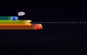 復古街機遊戲 Pacman 在像素迷宮中追逐鬼魂，留下彩色軌跡。