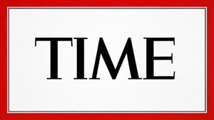 紅色邊框白色背景，居中粗體黑色TIME文字