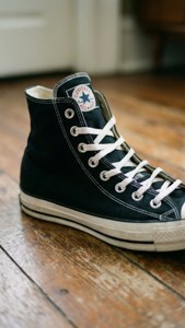 黑色高筒Converse運動鞋白色鞋帶木地板