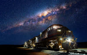 夜晚銀河系下的火車，帶有發光的燈光和星空。