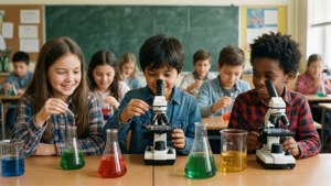孩子們在課室內使用顯微鏡和燒瓶中的彩色液體進行科學實驗。
