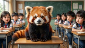 一隻小熊貓坐在課室書桌上，被身穿校服的驚訝學生們包圍。