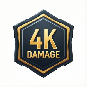 六邊形徽章，帶有金色邊框和金屬金色的 4K DAMAGE 文字，背景為深藍色