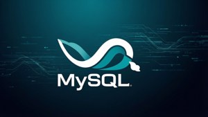 MySQL 標誌，展示一條白色和藍綠色的蛇，背景為深藍色數位電路。