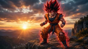 紅髮動漫戰士站在懸崖上日落時分散發火能量