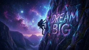 攀岩者在星空下攀登懸崖，「DREAM BIG」發光。