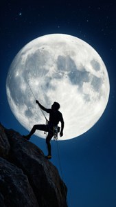 登山者在夜間於巨大月亮下攀爬懸崖