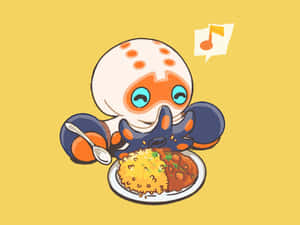 一隻快樂的卡通章魚正在享用美食，一個音符漂浮在上方。 — 可愛 壁紙