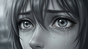 哭泣的動漫女孩近距離特寫，帶有詳細的眼睛和落下的淚水。
